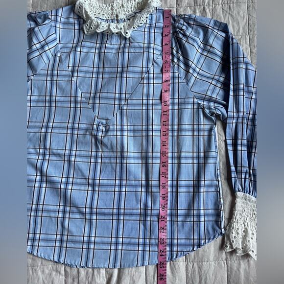English Factory White Eyelet Ruffle Blue Plaid Poplin Long Sleeve Blouse - Small - Picture 5 of 8
